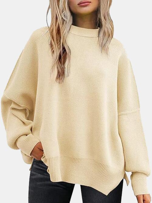 Sage | Round Neck Drop Shoulder Slit Sweater