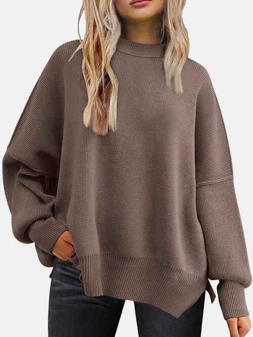 Sage | Round Neck Drop Shoulder Slit Sweater